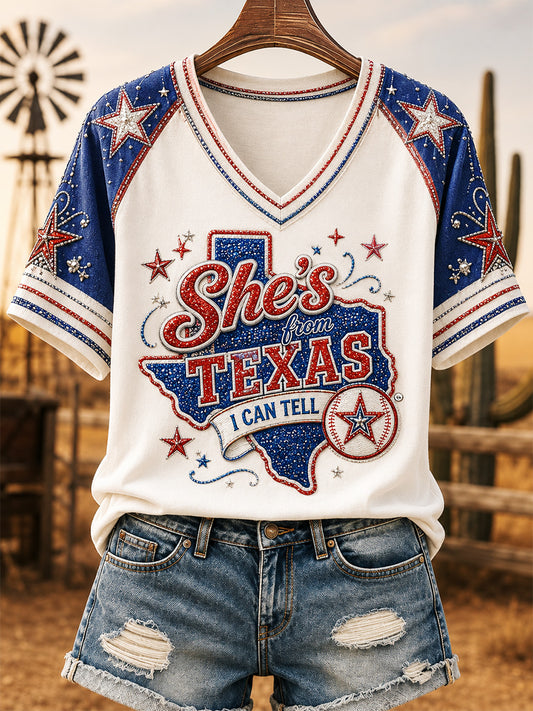 Women's She's From Texas I Can Tell Print Casual V-Neck Tee