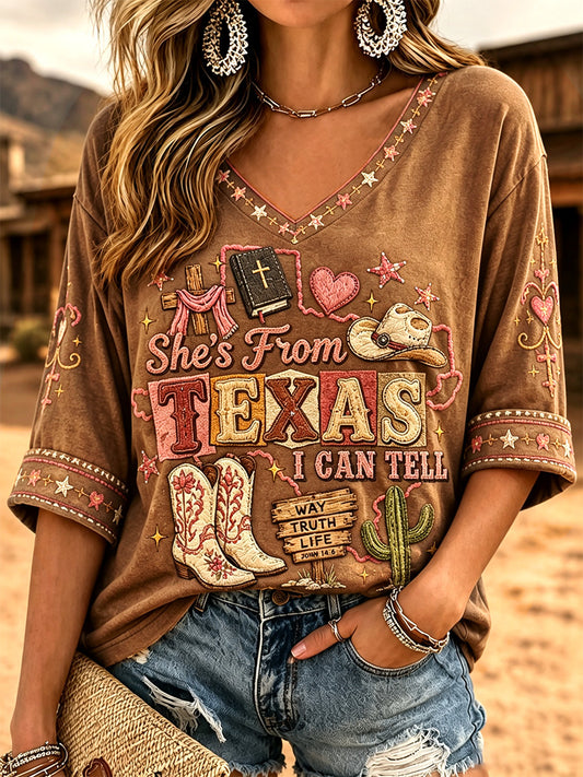 Women's She's From Texas I Can Tell Print Casual V-Neck Tee