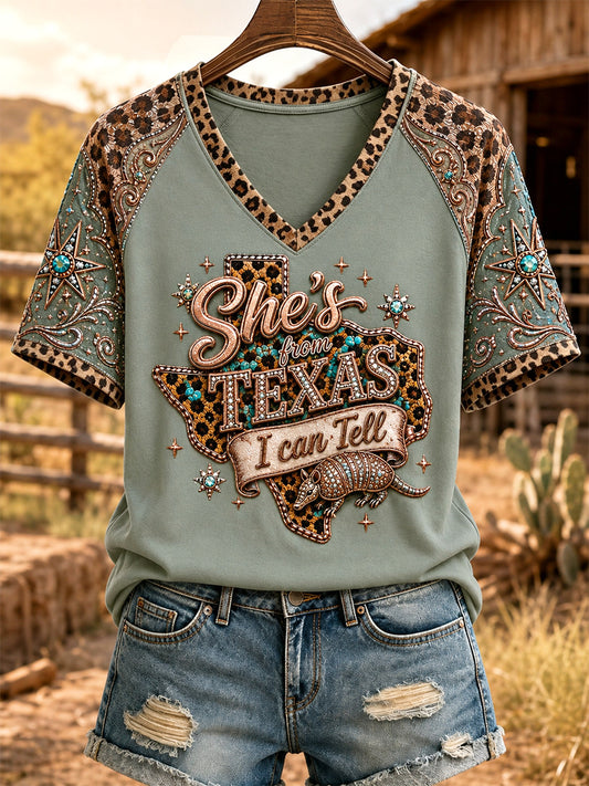 Women's She's From Texas I Can Tell Print Casual V-Neck Tee