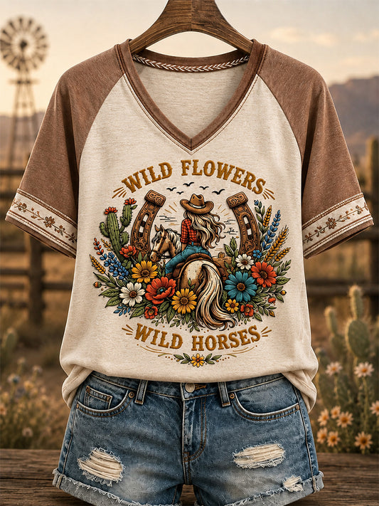 Women's Wildflowers & Wild Horses Print Casual V-Neck Tee