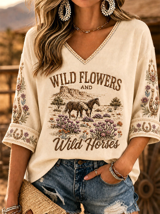Women's Wildflowers & Wild Horses Print Casual V-Neck Tee