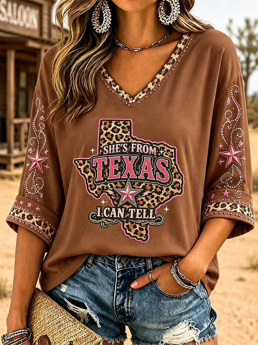 Women's She's From Texas I Can Tell Print Casual V-Neck Tee