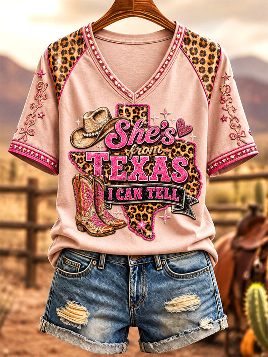 Women's She's From Texas I Can Tell Print Casual V-Neck Tee