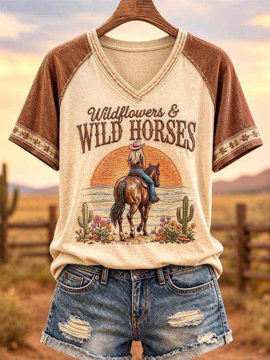 Women's Wildflowers & Wild Horses Print Casual V-Neck Tee