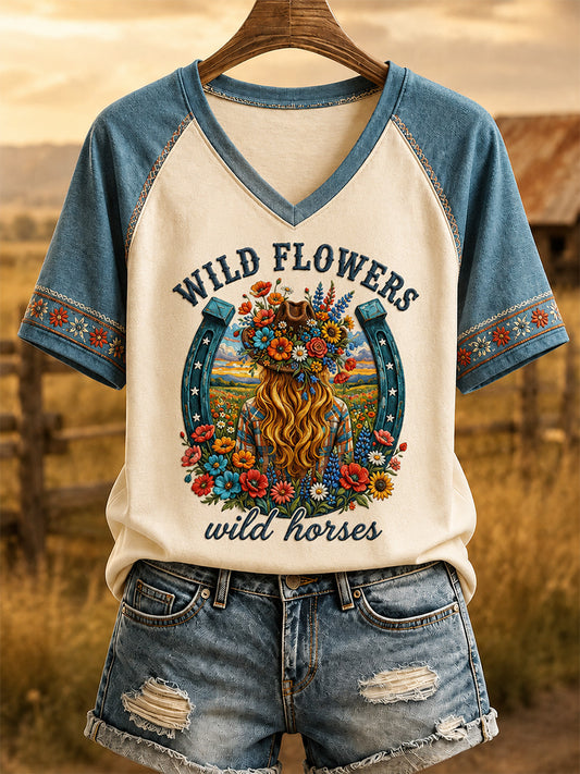 Women's Wildflowers & Wild Horses Print Casual V-Neck Tee