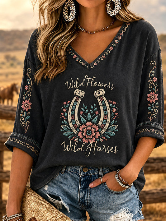 Women's Wildflowers & Wild Horses Print Casual V-Neck Tee