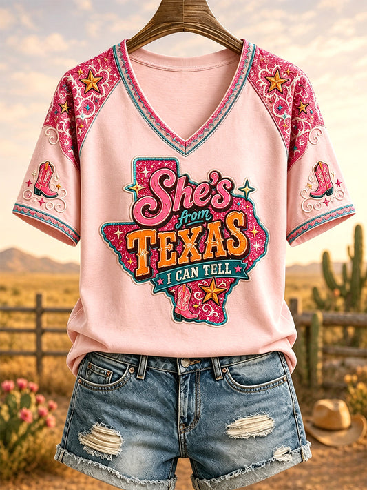 Women's She's From Texas I Can Tell Print Casual V-Neck Tee