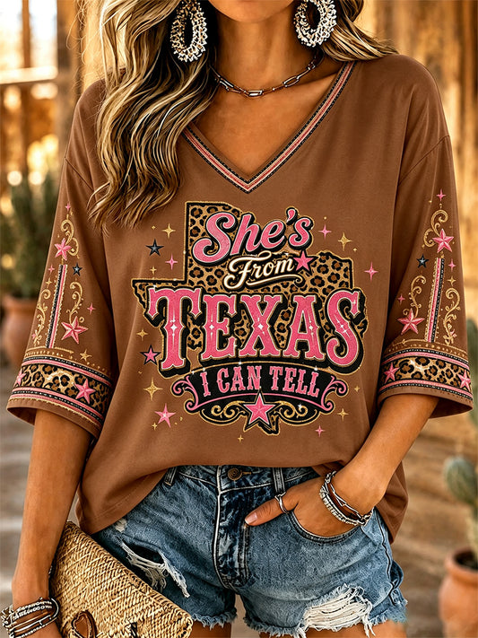 Women's She's From Texas I Can Tell Print Casual V-Neck Tee