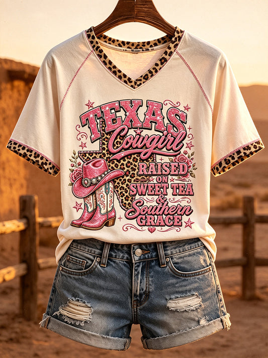 Women's Western Texas Cowgirl Inspired Leopard Print V-neck Short-sleeved T-shirt
