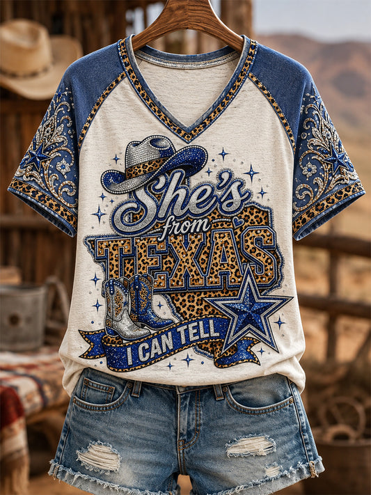 Women's She's From Texas I Can Tell Print Casual V-Neck Tee