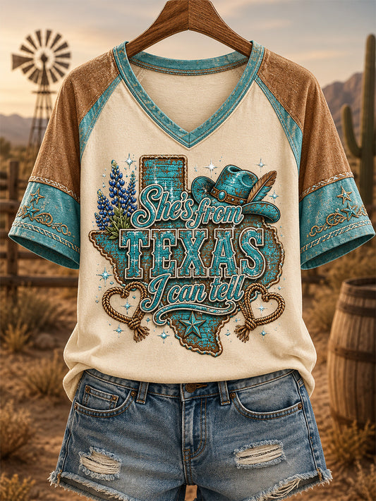 Women's She's From Texas I Can Tell Print Casual V-Neck Tee