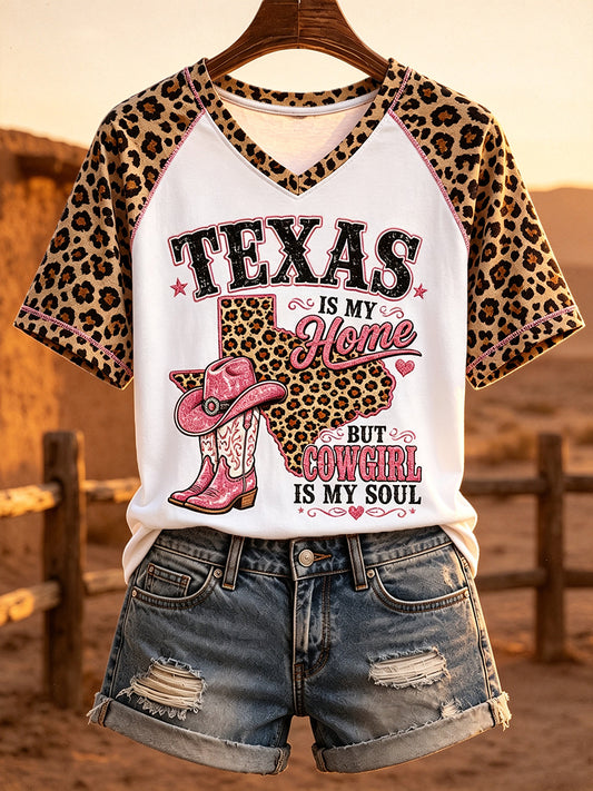 Women's Western Texas Cowgirl Inspired Leopard Print V-neck Short-sleeved T-shirt