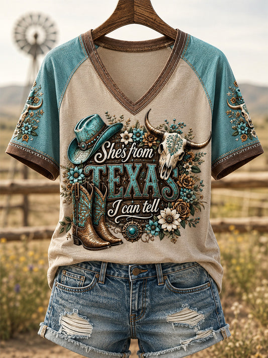 Women's She's From Texas I Can Tell Print Casual V-Neck Tee