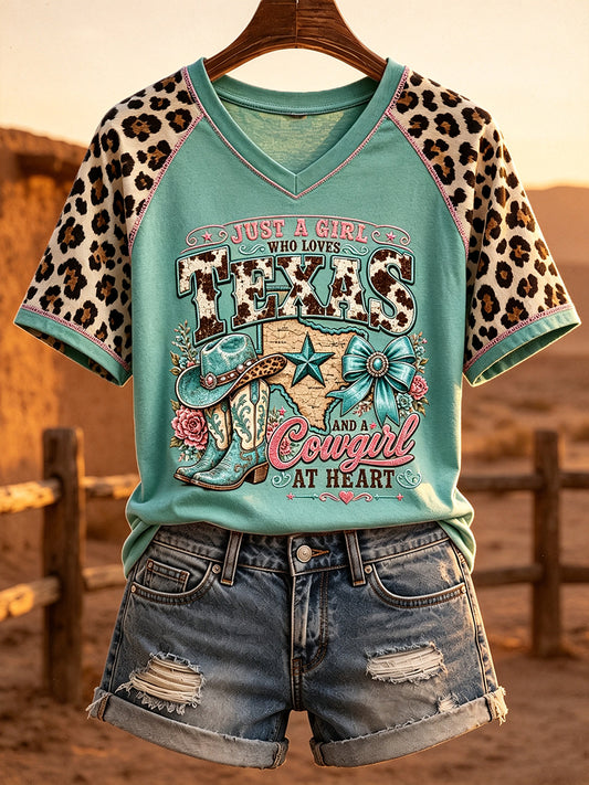 Women's Western Texas Cowgirl Inspired Leopard Print V-neck Short-sleeved T-shirt