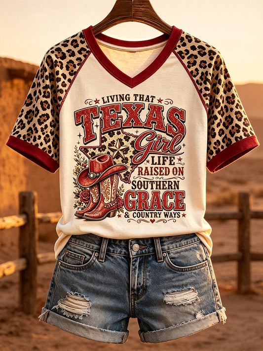 Women's Western Texas Cowgirl Inspired Leopard Print V-neck Short-sleeved T-shirt