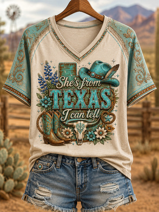 Women's She's From Texas I Can Tell Print Casual V-Neck Tee