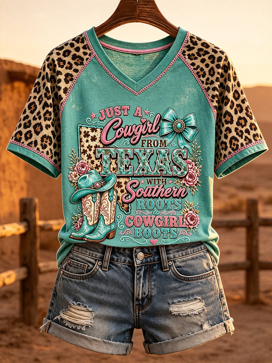 Women's Western Texas Cowgirl Inspired Leopard Print V-neck Short-sleeved T-shirt