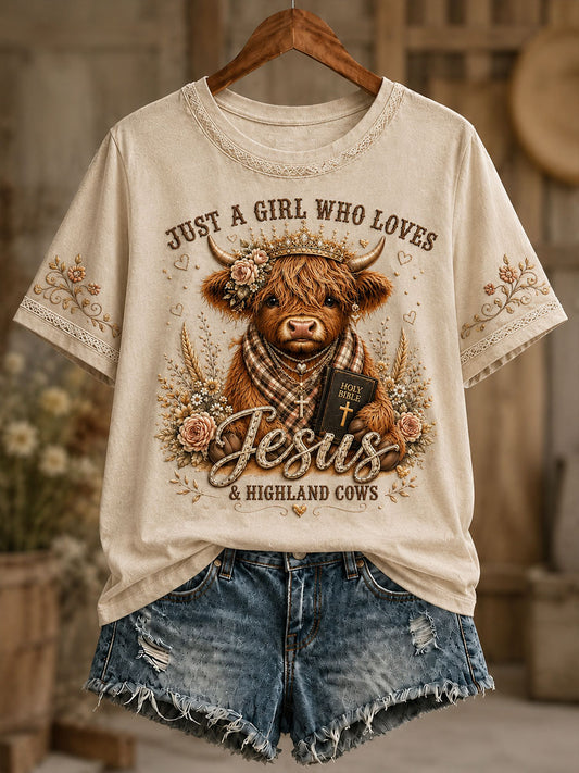 Women's Just A Girl Who Loves Jesus & Highlans Cows Short-sleeved T-shirt