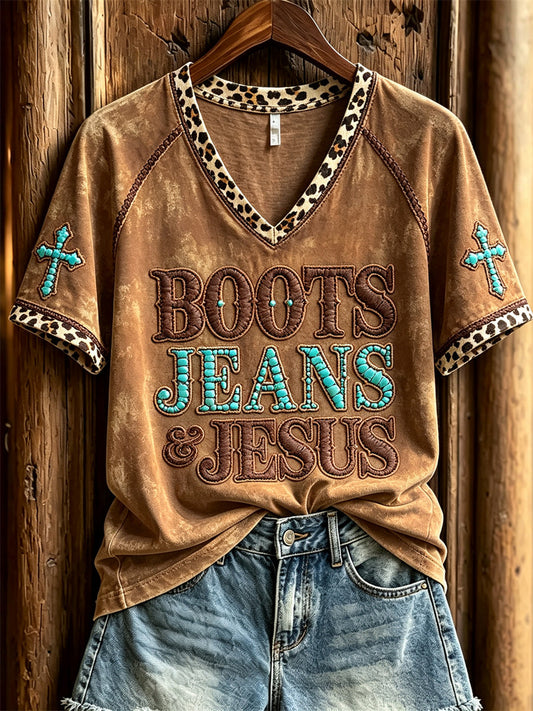 Women's Vintage Boots Jeans & Jesus Western Cross Leopard Print short-sleeved T-shirt