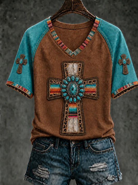 Women's Retro Western Christian Cross V-neck Short Sleeve T-shirt