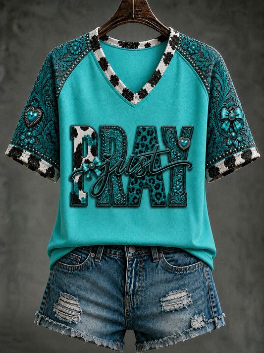 Women's Retro Western Christian Just Pray V-neck Short Sleeve T-shirt