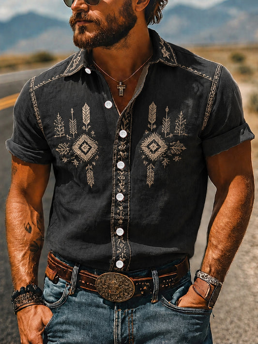 Men's Vintage Western Printed Short Sleeve Shirt