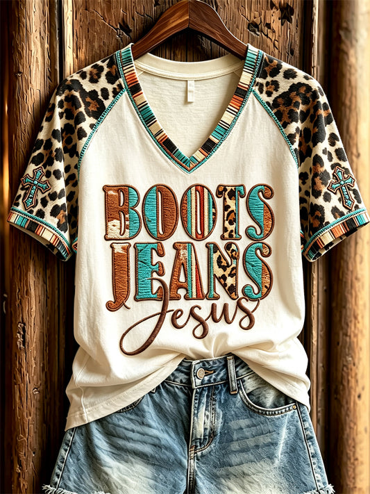 Women's Boots Jeans Jesus Turquoise Cross Leopard Western Print short sleeve T-shirt