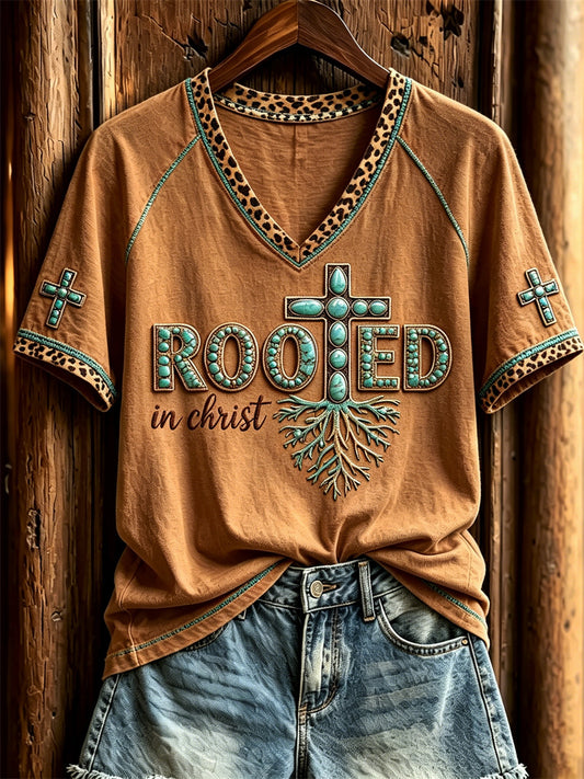 Women's Roosted in Christ Turquoise Cross Tree Leopard Western Print short sleeve T-shirt