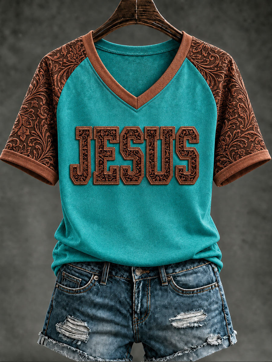 Women's Retro Western Christian Jesus V-neck Short Sleeve T-shirt