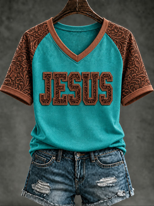 Women's Retro Western Christian Jesus V-neck Short Sleeve T-shirt