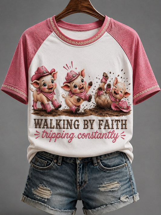 Women's Walking By Faith Round Neck Short Sleeve T-shirt