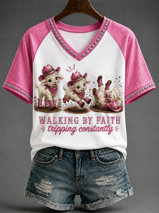 Women's Walking By Faith V-neck Off-shoulder Short-sleeved T-shirt
