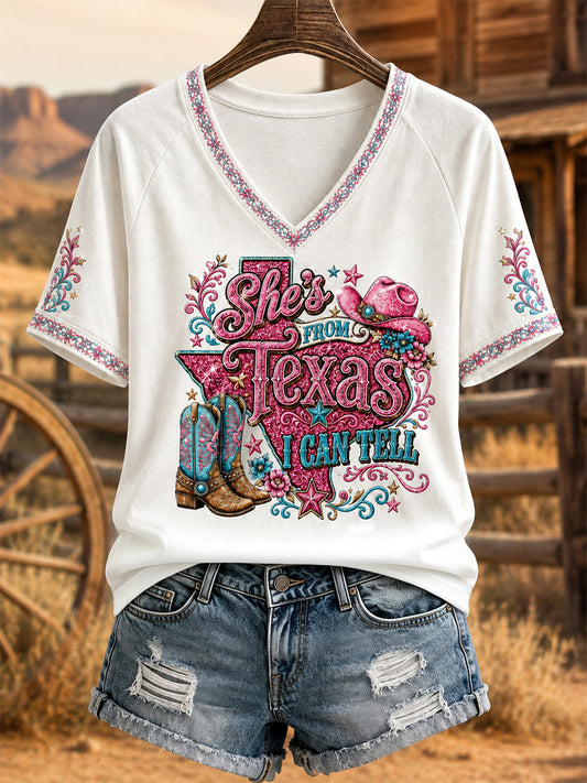 Women's She's From Texas I Can Tell Print Casual V-Neck Tee