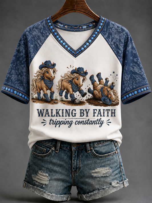 Women's Walking By Faith V-neck Off-shoulder Short-sleeved T-shirt