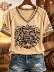 Women's She's From Texas I Can Tell Print Casual V-Neck Tee