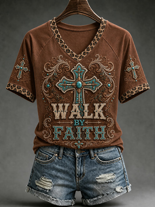 Women's Retro Western Cross V-neck Short Sleeve T-shirt