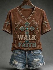 Women's Retro Western Cross V-neck Short Sleeve T-shirt