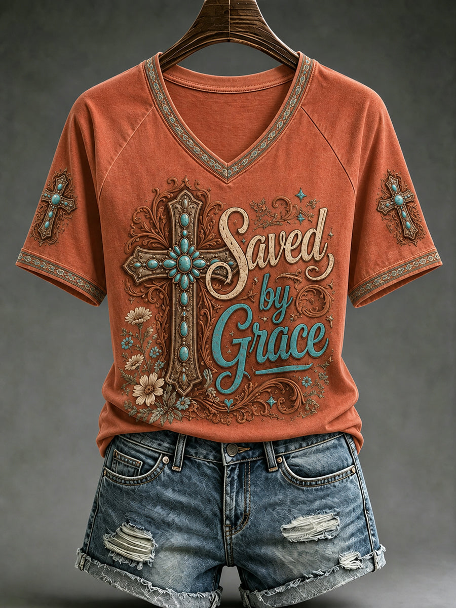 Women's Retro Western Cross V-neck Short Sleeve T-shirt