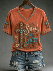 Women's Retro Western Cross V-neck Short Sleeve T-shirt