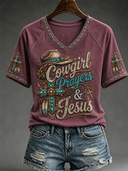 Women's Retro Western Cross V-neck Short Sleeve T-shirt