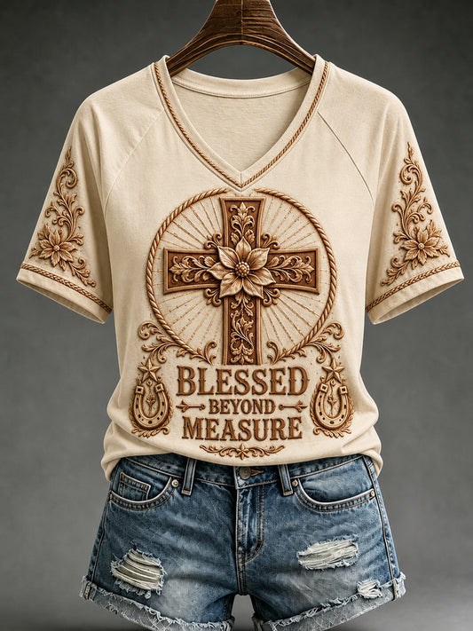 Women's Retro Western Cross V-neck Short Sleeve T-shirt