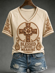 Women's Retro Western Cross V-neck Short Sleeve T-shirt