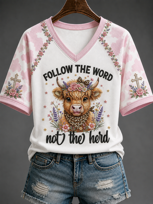 Women's Follow The Word Not The Herd V-neck Off-shoulder Short-sleeved T-shirt