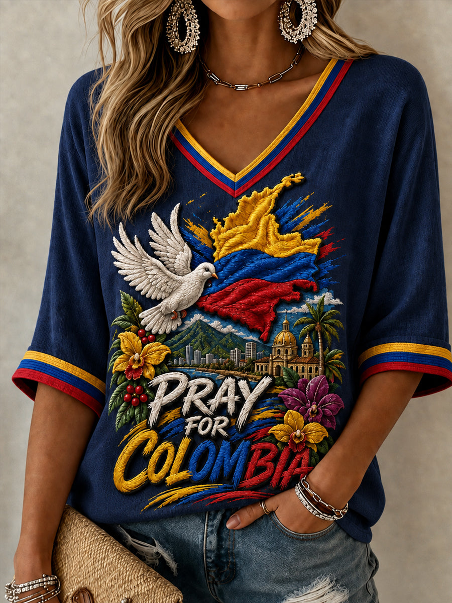 Women's Earthquake Support Pray For Colombia Mid-length Sleeves V-Neck T-Shirt