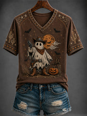 Women's Halloween Western Style Printed V-neck T-shirt