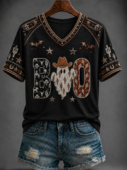 Women's Halloween Western Style Printed V-neck T-shirt