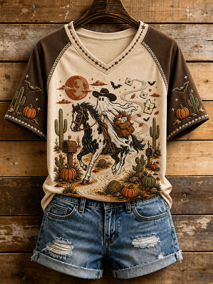 Women's Western Halloween Ghost V-neck T-shirt