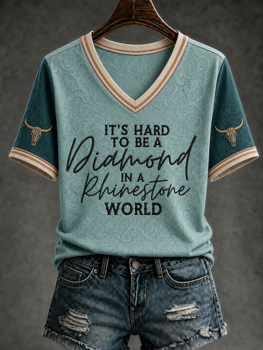 Women's IT’S HARD TO BE A DIAMOND IN A RHINESTONE WORLD Printed V-neck T-shirt