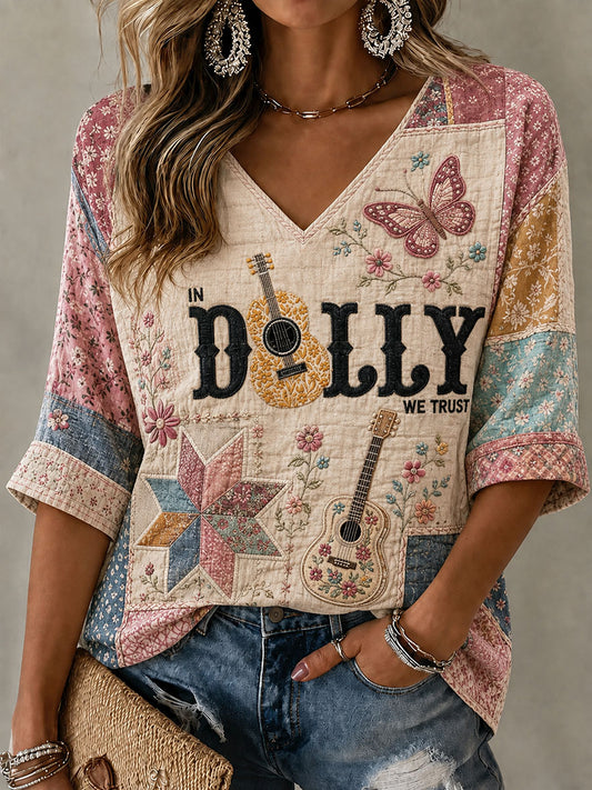Women's Rip Country Music Queen Printed Mid-length Sleeves V-Neck T-Shirt