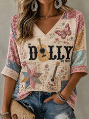 Women's Rip Country Music Queen Printed Mid-length Sleeves V-Neck T-Shirt